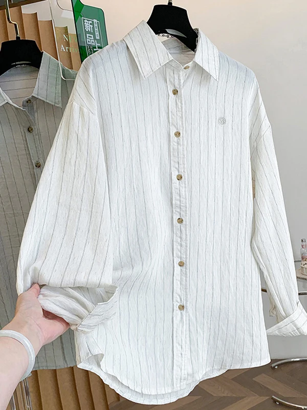 

High-End Women's Striped Sun Protection irt plus Size Mid-Length Outerwear Spring Summer Design Cotton Long Sve irt