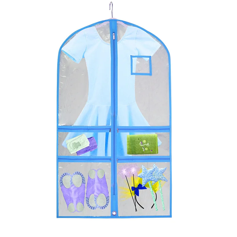 Blue Dance Costume Garment Bags for Dancers Transparent PVC Waterproof Hanging Clohtes Storage Garment Bag with Zipper Pockets