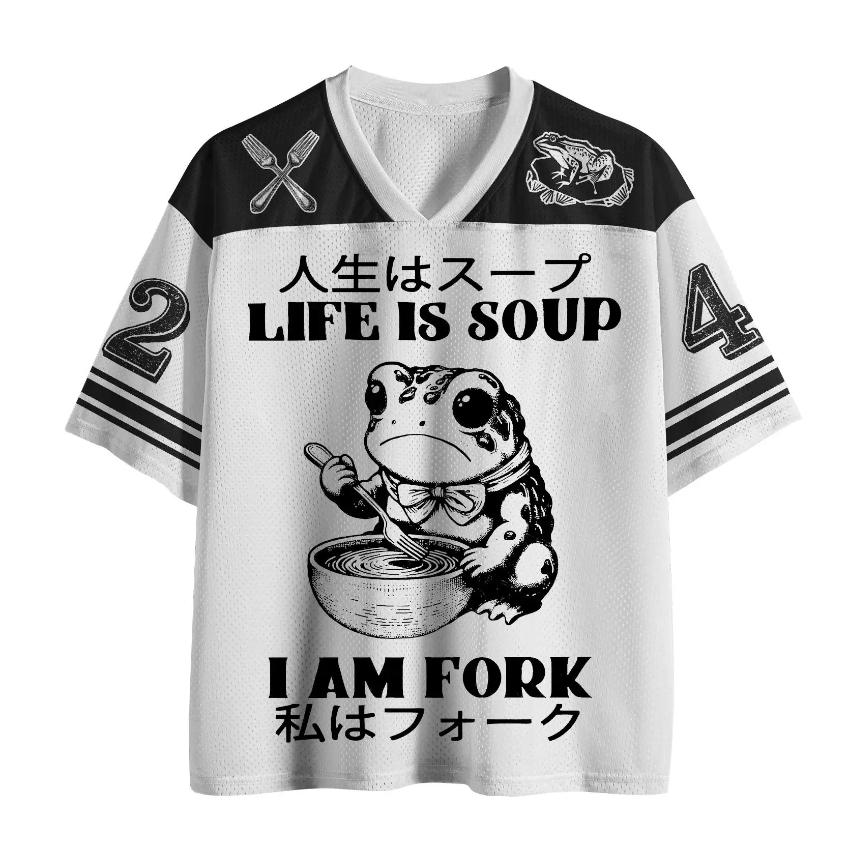 

Футболка Fun Frog Life is Soup, I am Fork Mesh, японская забавная футболка с V-образным вырезом и короткими рукавами