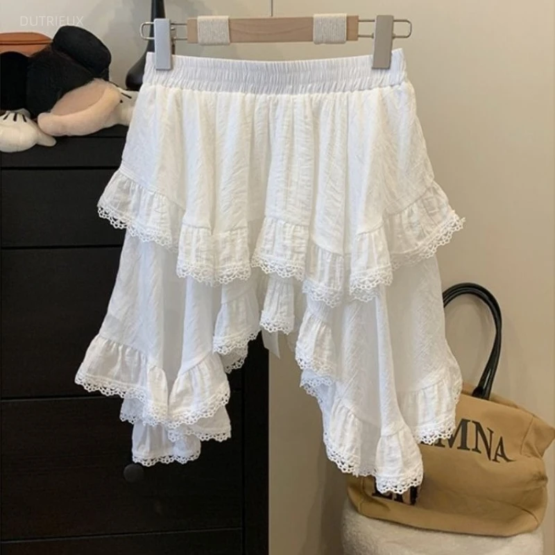 Korean Simple Fresh Solid Summer Literary Skirts Office Lady Patchwork Lace Lrregular Outdoor Casual Women Jupe Y2k Punk Skirt