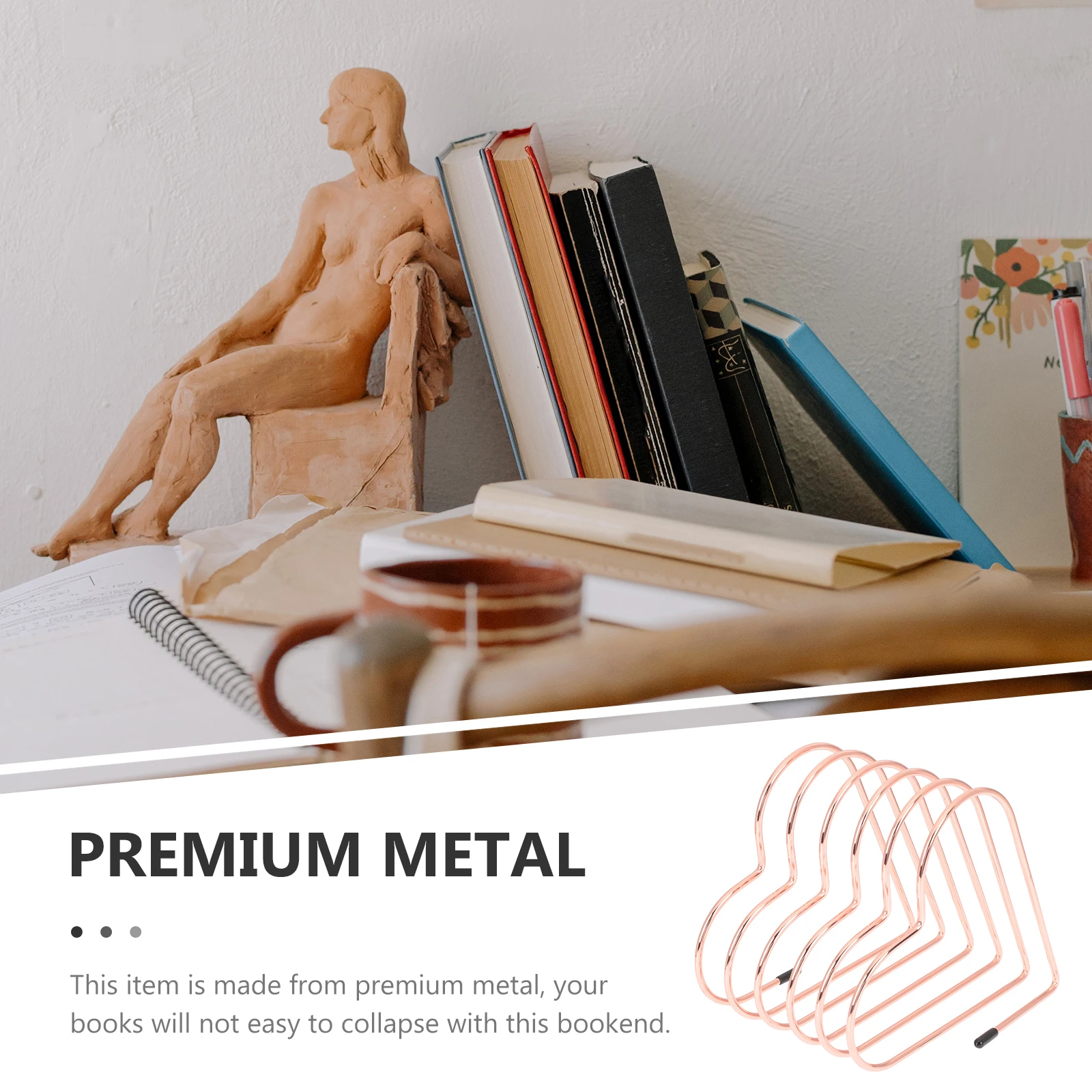 

Heart-Shaped Rose Gold Bookend Metal Book Holder for Home Office Desktop Book Support Organizer Hanging File Organizer