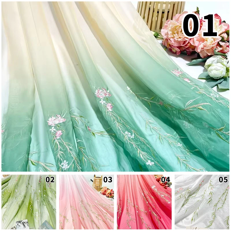 1M Chinese Ancient Style Embroidered Willow Leaf Fabric For Diy Sewing Hanfu Guofeng Dress Peony Embroidery Designer Fabric