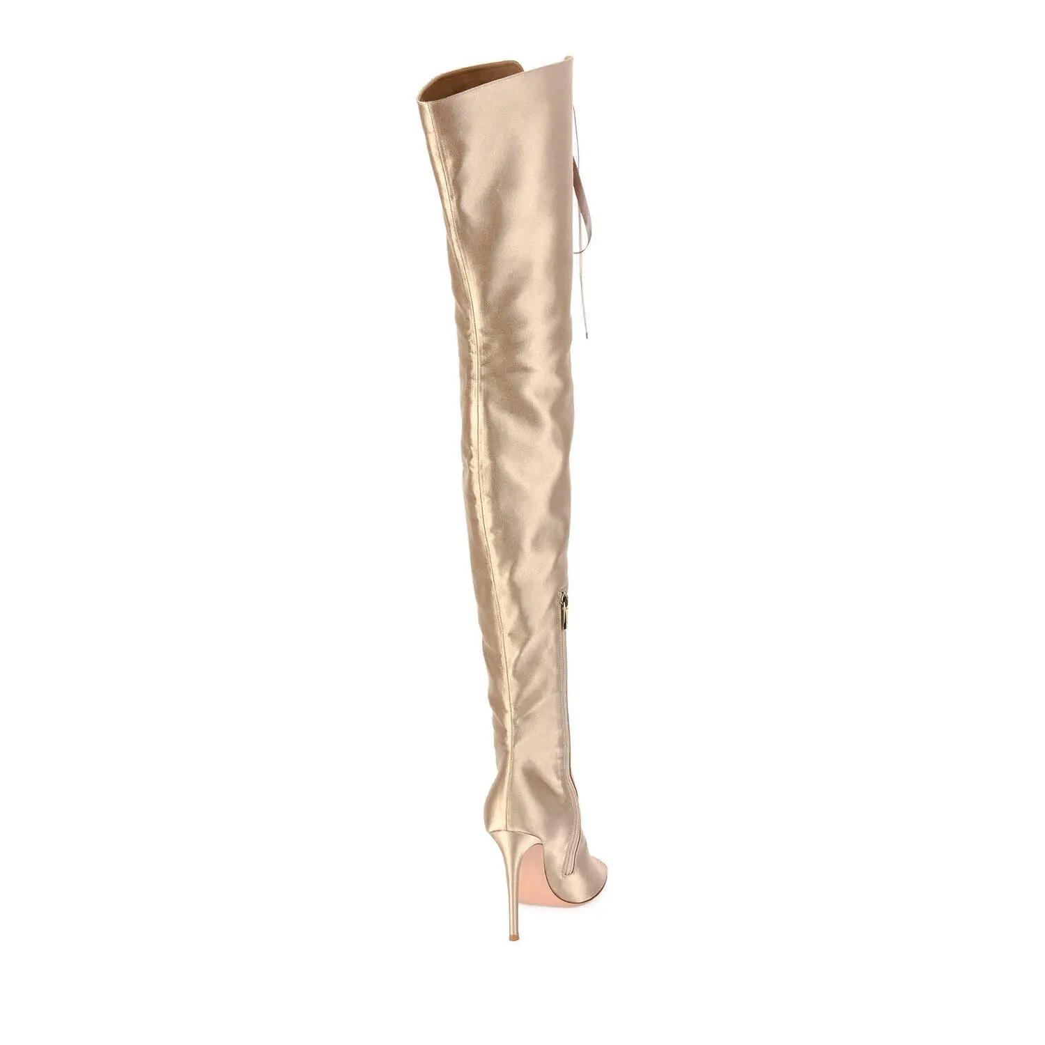 

Ladies Gold Satin Wraparound Knee High Faion Boots Large Size PU Material Trendy Leg Bootees with Tie Design over Thigh
