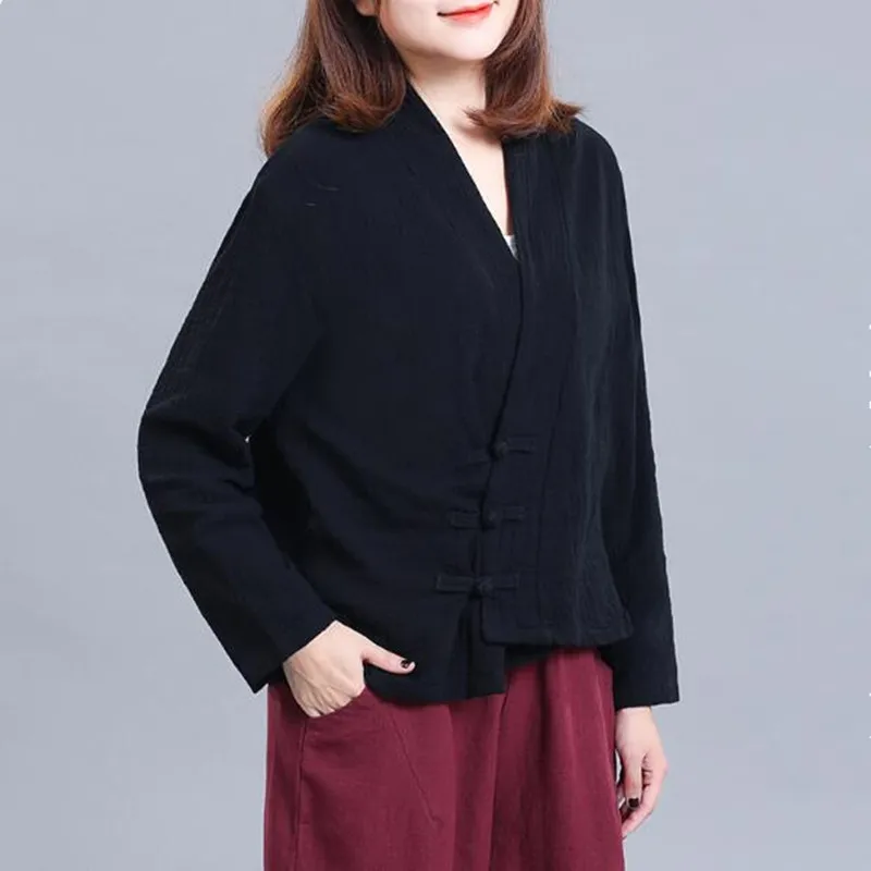 plus Size Women's Fashion Spring Jacket Coat Chinese Style Cotton Linen Cardigan Loose Outerwear Vintage Tops Kardigan