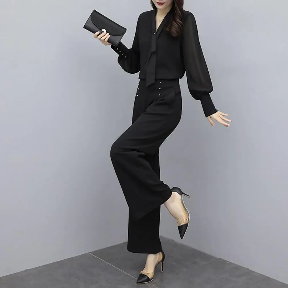 Wide-leg Trousers Set Women Two-piece Set Elegant Office Attire Set with V Neck Blouse Wide Leg Trousers Professional for Women