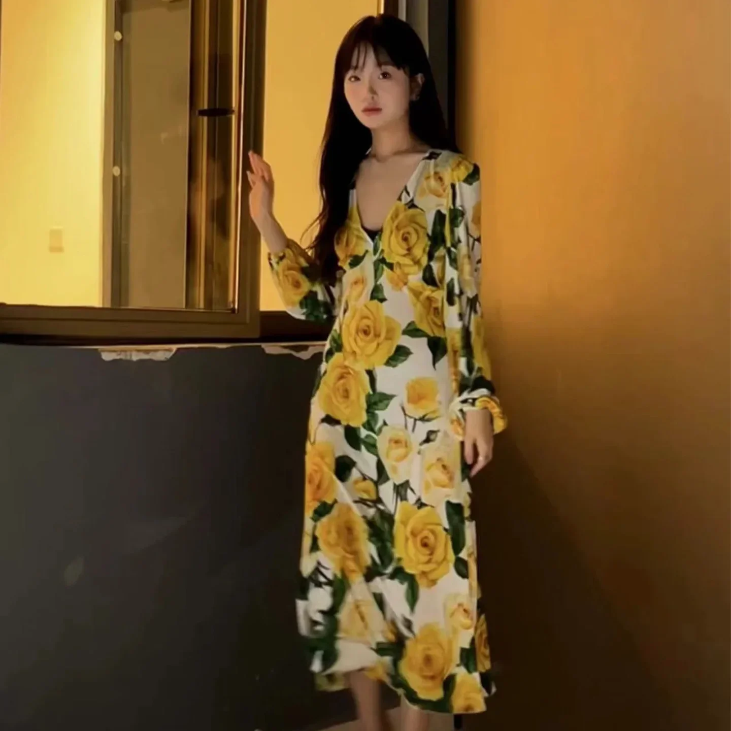 NIGO Women's Summer Casual V-Neck Yellow Rose Print Long Sleeve Fitted Dress Ngvp #nigo8361