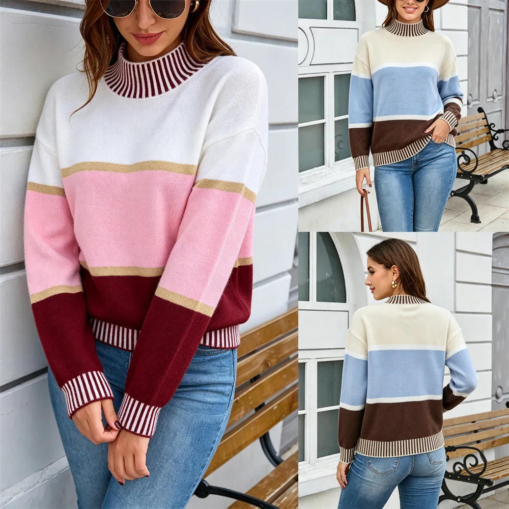 MsChuh Women's Sweaters And Pullovers Color Block Half Turtleneck Knit Pullover Long Sleeve Loose Ropa Mujer Casual Daily Outfit