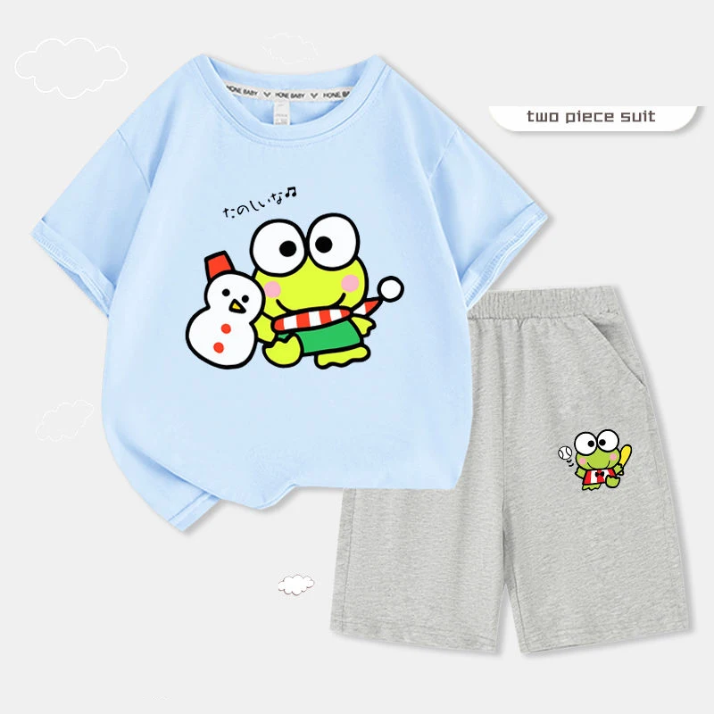 

Милый Летний Детский костюм Sanrio Keroppi с героями мультфильмов, футболка и шорты, комплект с короткими рукавами для детского сада, аниме, подарок на периферийный фестиваль