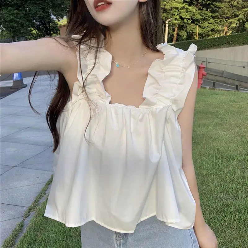 

Summer New Korean Plus Size Vest Top for Women Solid Sleeveless Loose Off Shoulder Pleated Sexy T Shirts Fashion Sweet Clothing