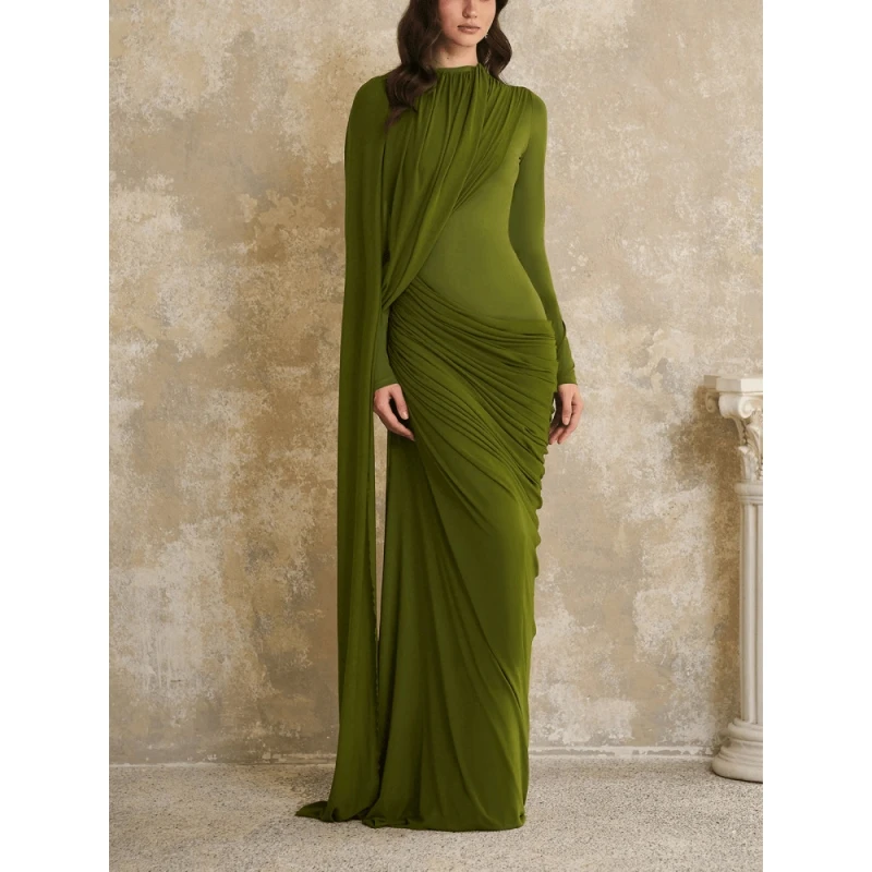 

Elegant Green Maxi Dress High Neck Long Sleeve Evening Gowns Ruched Dresses Wedding Bridesmaids Party Attire Prom 2026 Modern