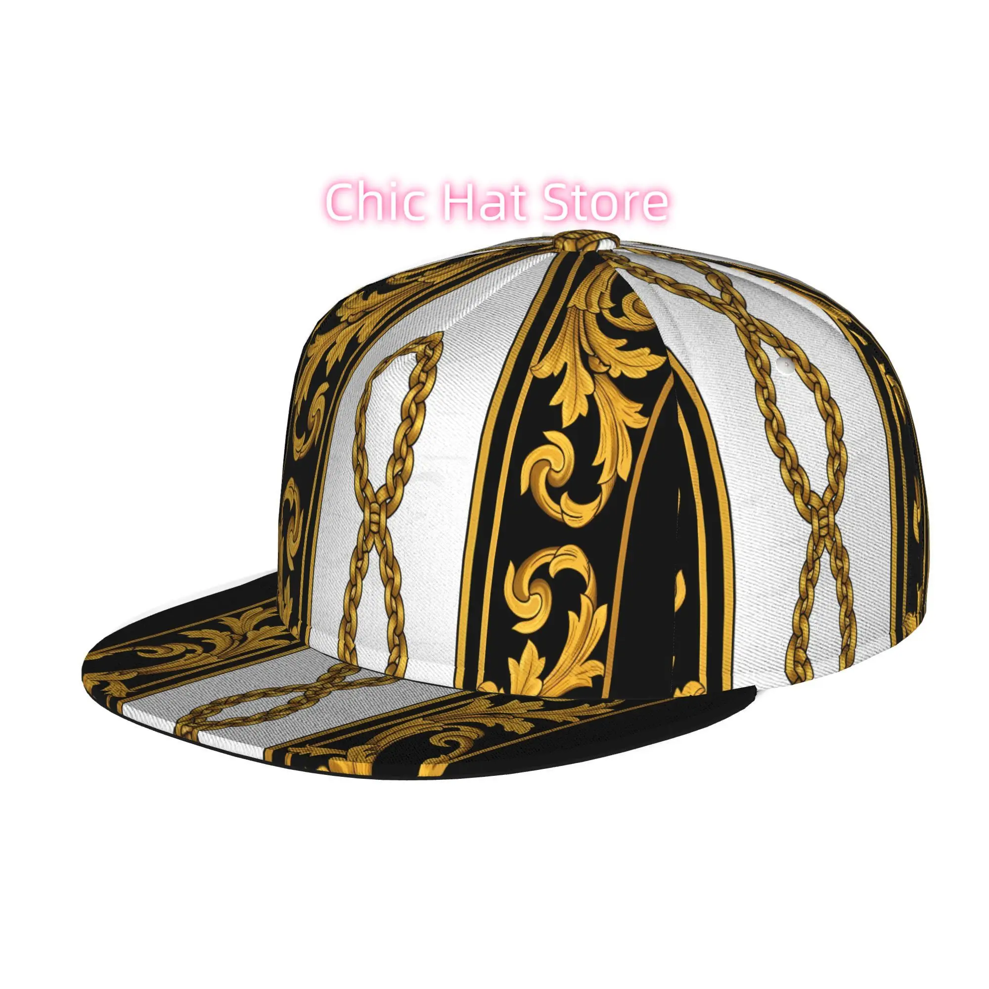 Unisex Flat Brim Baseball Cap Featuring a Golden Chain And Baroque Design, Perfect for Hip Hop Streetwear, Skateboarding, Dance,