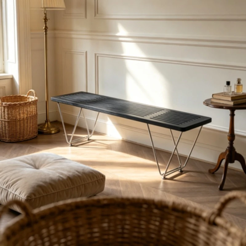 Modern Minimalist Hollow Bench Mid-Century Iron Wood End Bed Stool Entryway Shoe Changing Bench Sofa Side Decorative Furniture