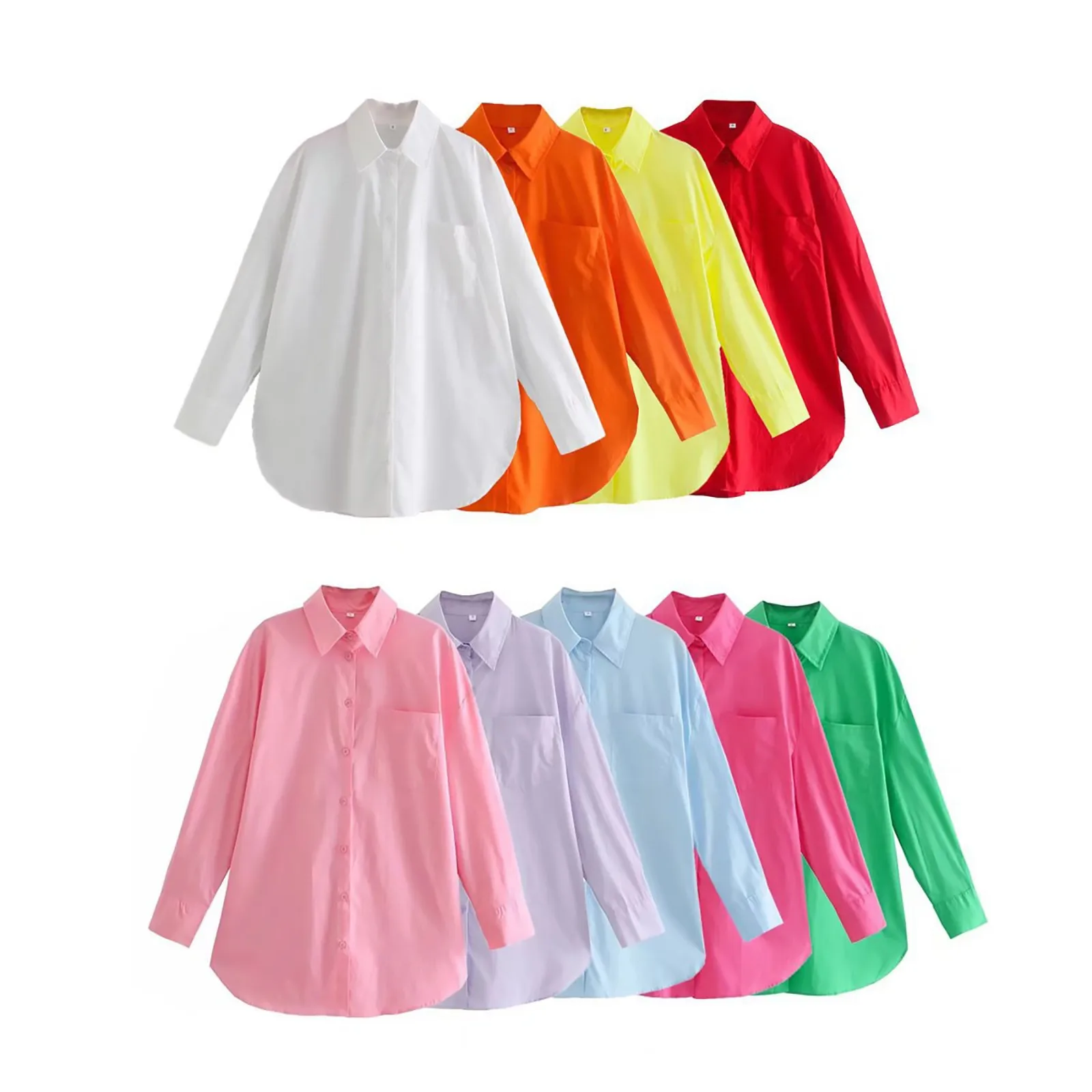 Modieuze Katoenen Zak Candy Color Shirt Losse Halflange Shirt Vrouwen V-Hals