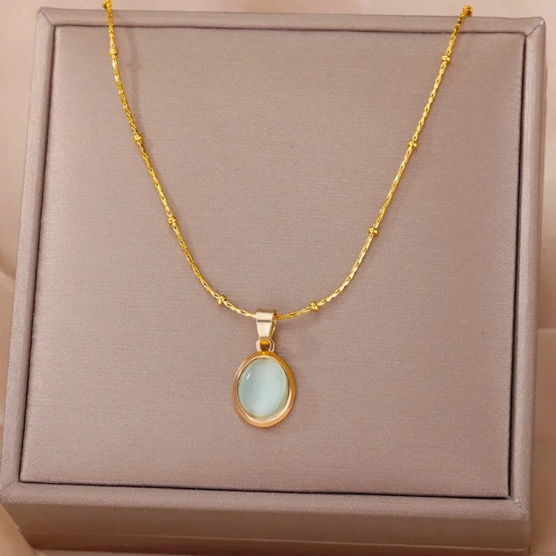 Fashion Stone Opal Oval Necklace For Women Stainless Steel Gold Color Oval Stone Pendant Necklace Wedding Aesthetic Jewelry Gift