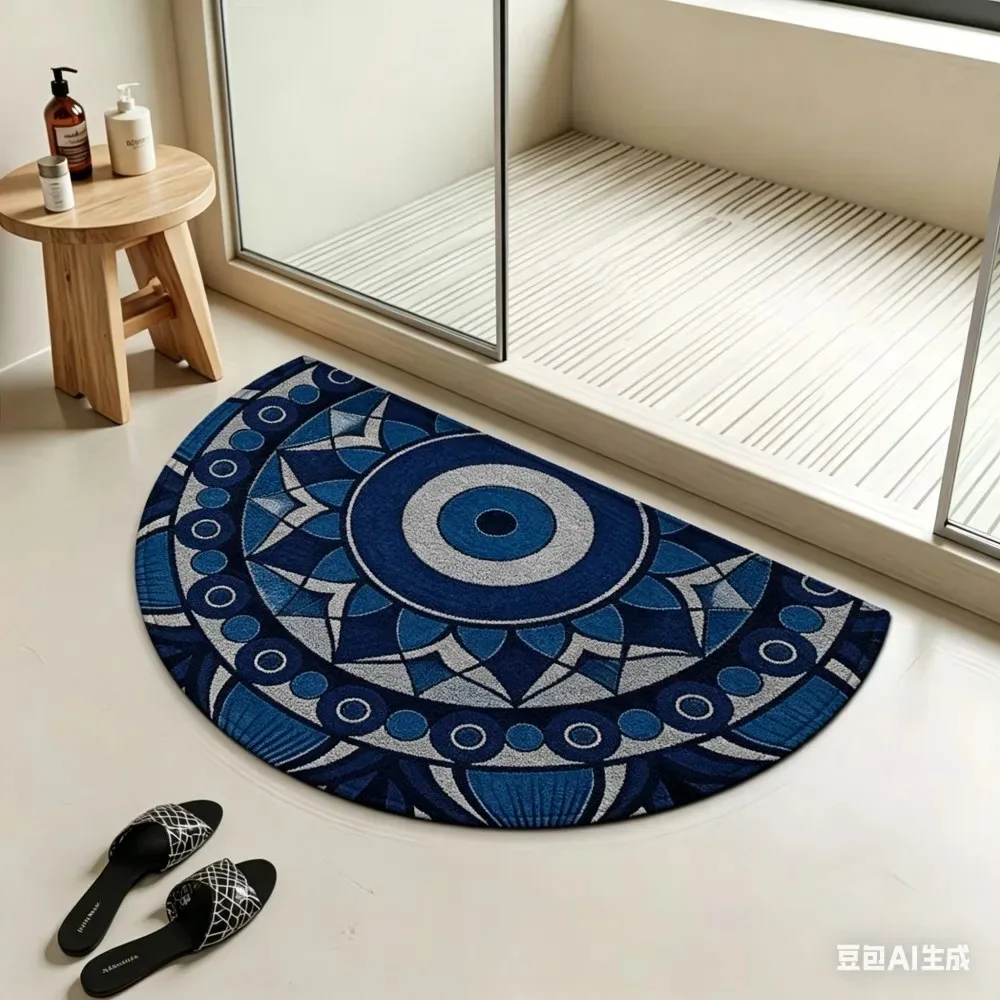 VIKAMA Mediterranean Style Evil Eye Semi-Circular Carpet, Entrance Welcoming Mat For Bedroom And Bathroom, Home Decoration