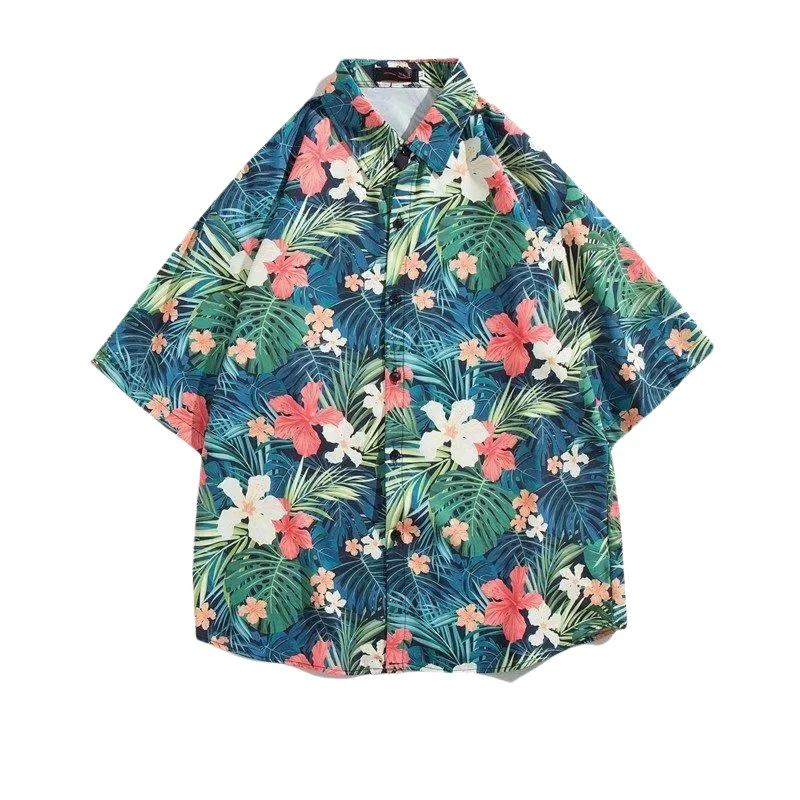Summer Men's Retro Hawaiian Seaside Printed Short Sleeve Shirt Loose Casual Handsome Beach Vacation Travel Floral Shirt Jacket