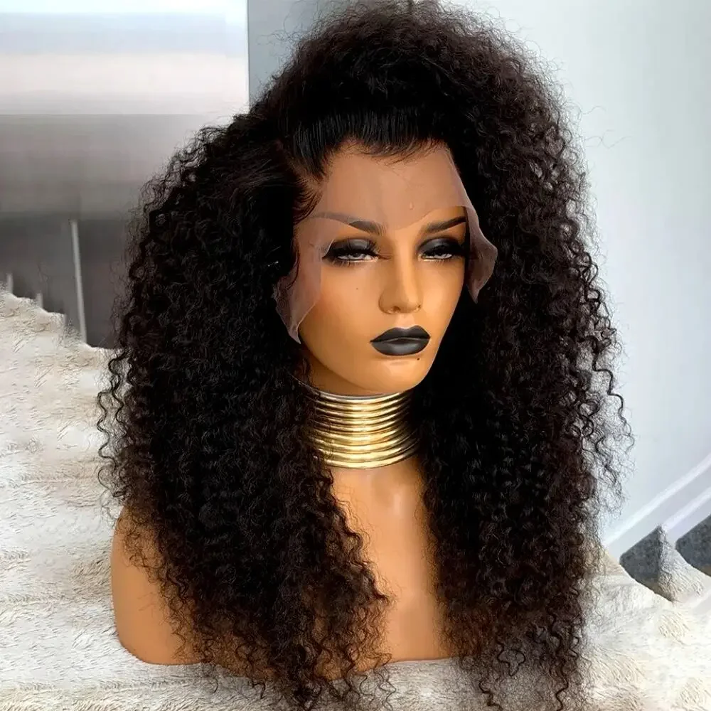 Peluca rizada con malla frontal para mujeres negras, pelo de bebé, resistente al calor, 26 pulgadas, 180% de densidad, color negro, sin pegamento, uso diario