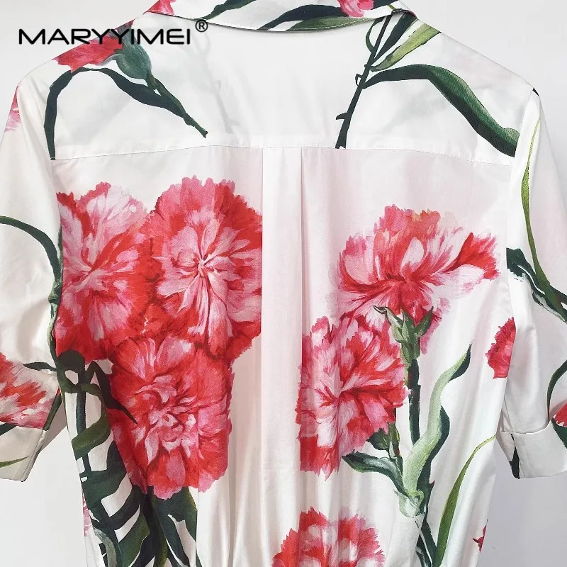 MARYYIMEI Summer Women\'s Turn-down Collar Cotton Playsuits Elastic Waist Slim Carnation Print Cotton Short Jumpsuit