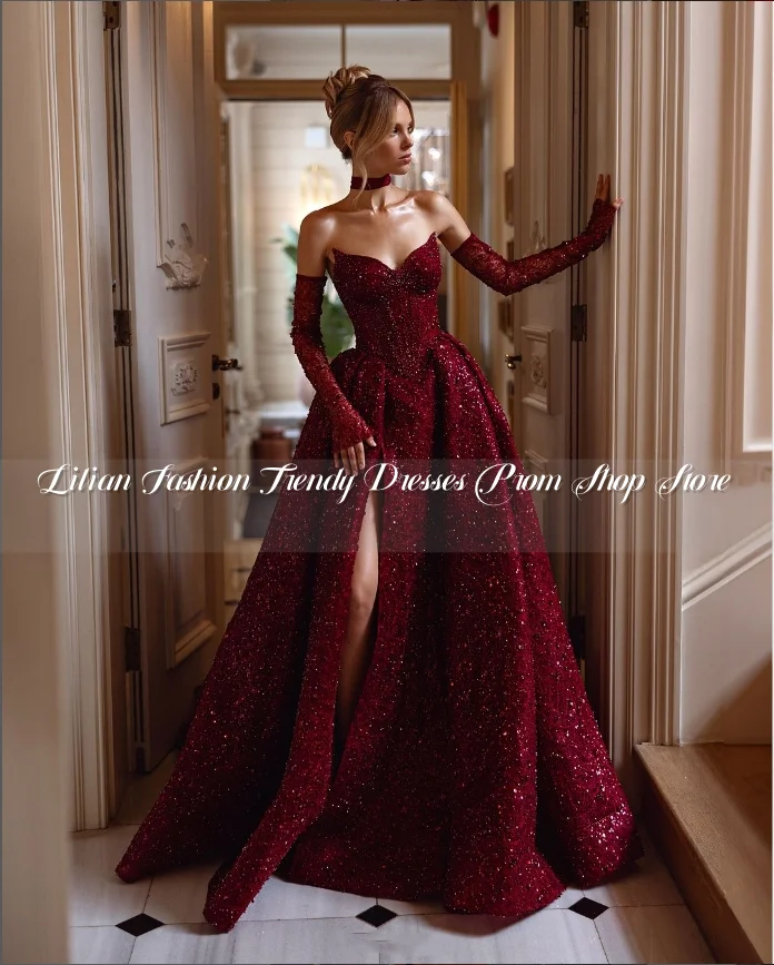 Sparkling Diamante Burgundy Evening Dress 2025 Luxury Crystal Beaded Applique Chapel Train With Gloves Custom Party Dresses