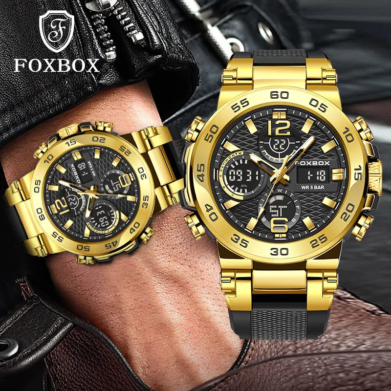 

FOXBOX 2026 Fashion Quartz Men's Watch Waterproof sports watches Dual Display Luminous Chronograph clock military watches men
