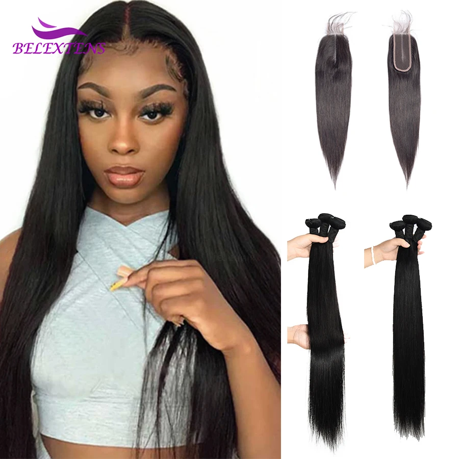 24 26 28 inch Straight Human Hair Bundles with 2x6 Lace Closure Brazilian Remy Hair Bundles Long Thick Hair Extensions for Women