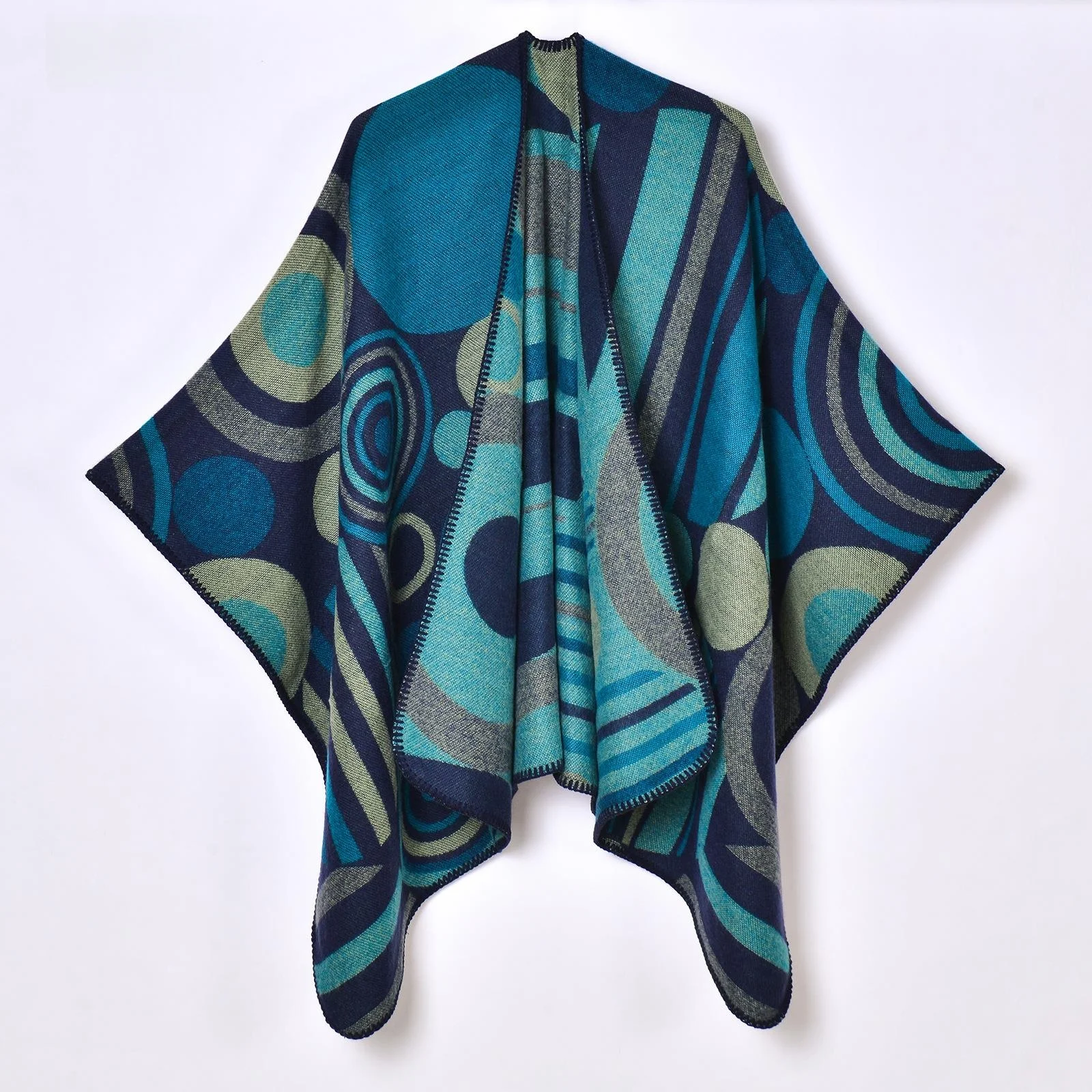 New Geometric Abstract Line Splicing Women's Autumn Winter Warm Split Shoulder Shawl Cowl Neck Outerwear Decorative Scarf