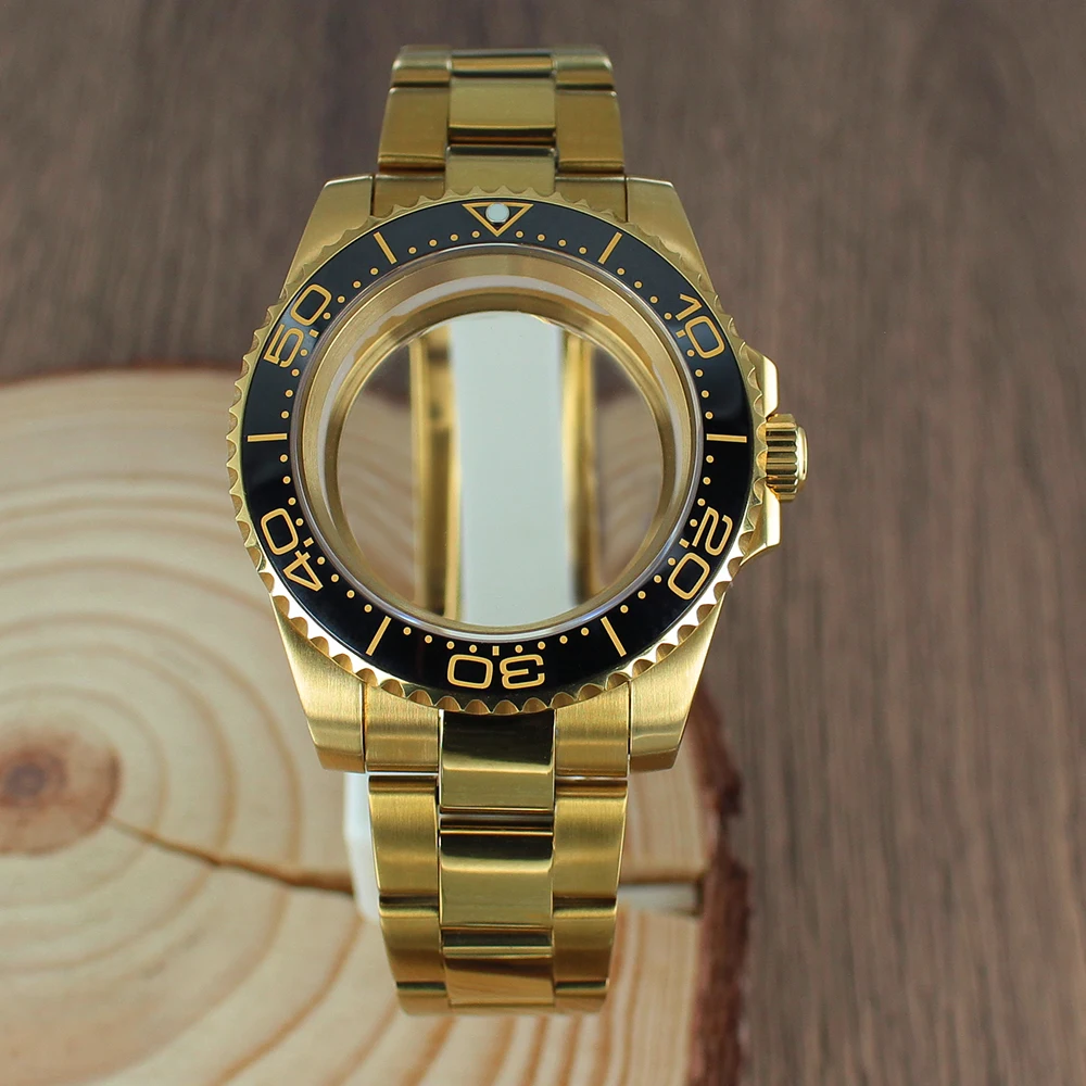 40MM NH35 Gold pvd Watch Case Sapphire Crystal glass For NH35 NH36 NH34 NH38 Miyota8215 Eta2824 PT5000 GMT SUB Watch Accessories