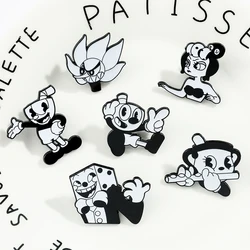 Fashion Cuphead Game Creative Enamel Pins Black White Simple Figure Brooches Metal Lapel Badges Accessories Gifts