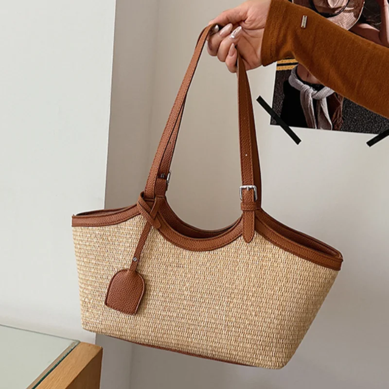 

Woven Straw Tote Bag With Leather Trim Large Capacity Casual Shoulder Bag Minimalist Summer Beach Handbag Daily Underarm Purse