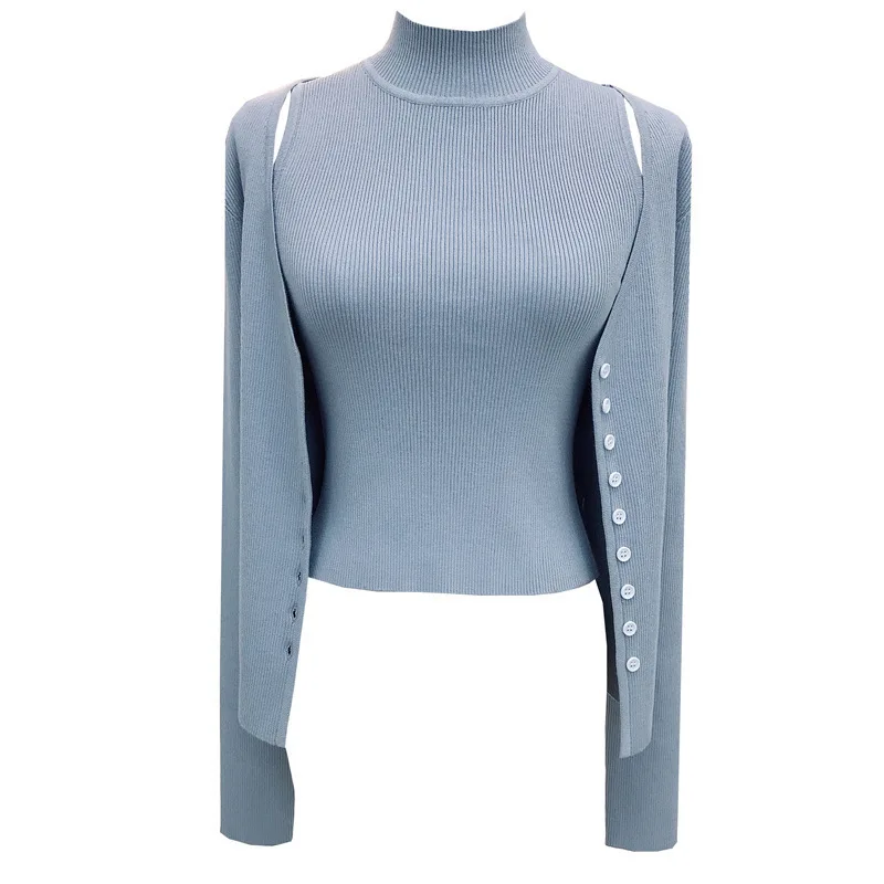 7597 Elegante und anmutige Dame ~ 14 Nadel High Twist Baumwolle halbe Rollkragen ärmellose Weste + V-Ausschnitt Strickjacke zweiteiliges Set für