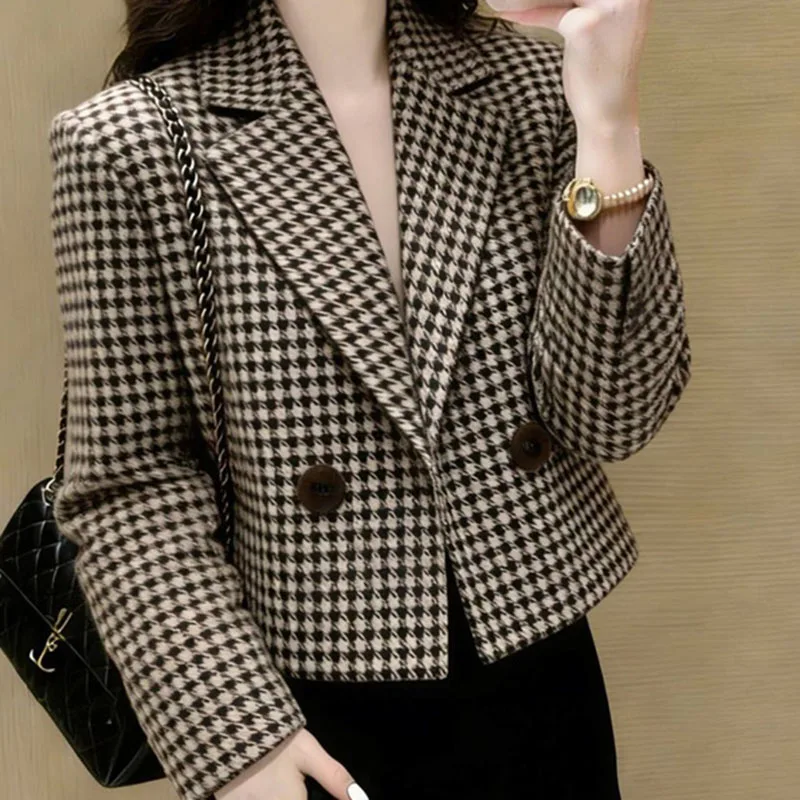 Women's Coats Suit Jacket 2026 Spring Autumn Jacket New Short Small Fragrant Style Thousand Bird Grid Coat Outerwear Top