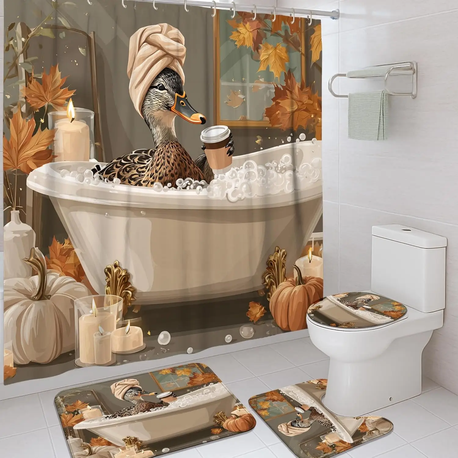 

Набор занавесок для душа «Утка», 4 шт., коричневый, оранжевый, осенний коврик для ванной, аксессуары для декора ванной комнаты, уютная современная водонепроницаемая ткань Sh