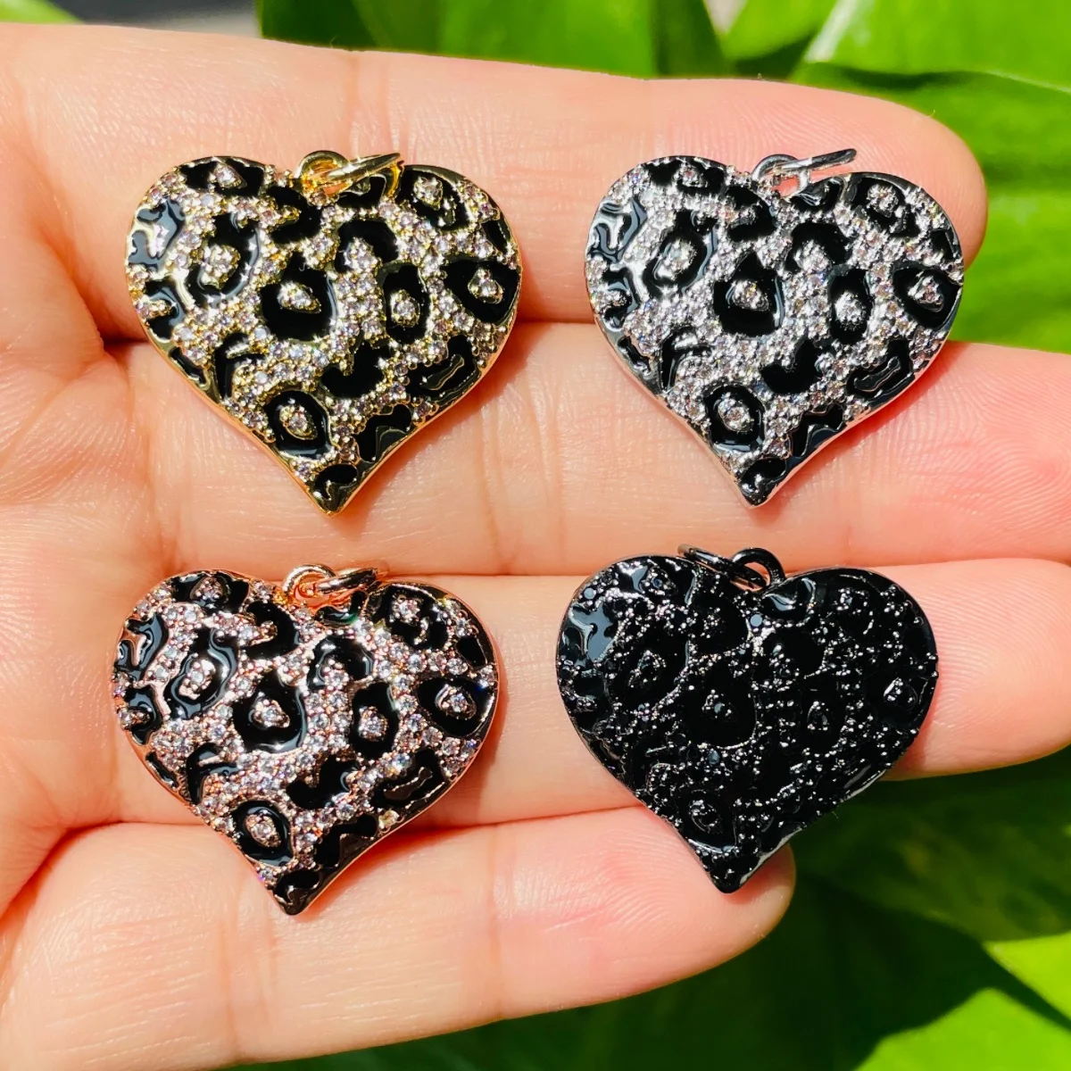 5pcs Enamel Black Leopard Print Heart Charms for Women Bracelet Making Zirconia Pave Pendants for Girl Necklace Jewelry Handmade