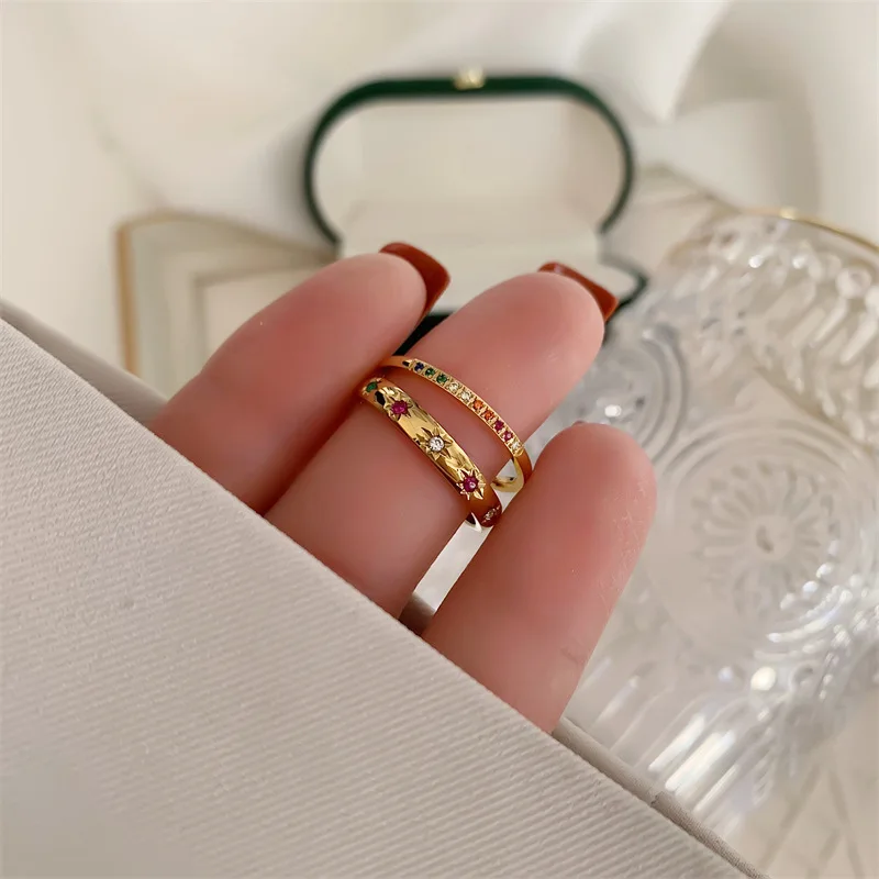 Stainless Steel Rainbow Color Cubic Zircon Stone Finger Rings for Women INS Gold Color Waterproof Stars Ring Jewelry