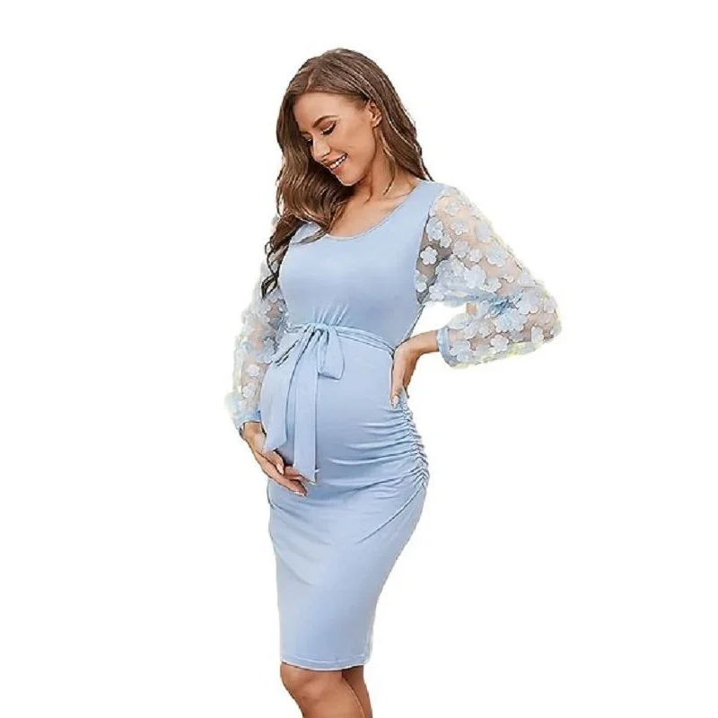 Women Short Sleeve Maternity Dresses Casual Pregnancy Clothes Shower  Pregnant Mother  Solid Color O Neck Home