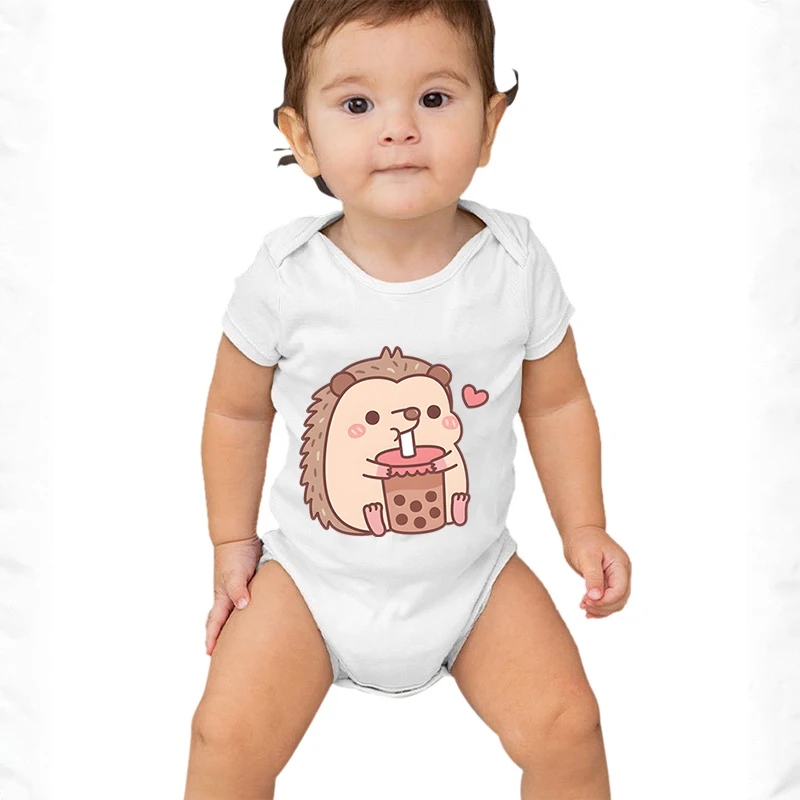 Baby Romper Cute Hedgehog Loves Drinking Bubble Tea Print Infant Cotton Jumpsuit Summer Short Sleeve Newborn Girl Boy Bodysuits