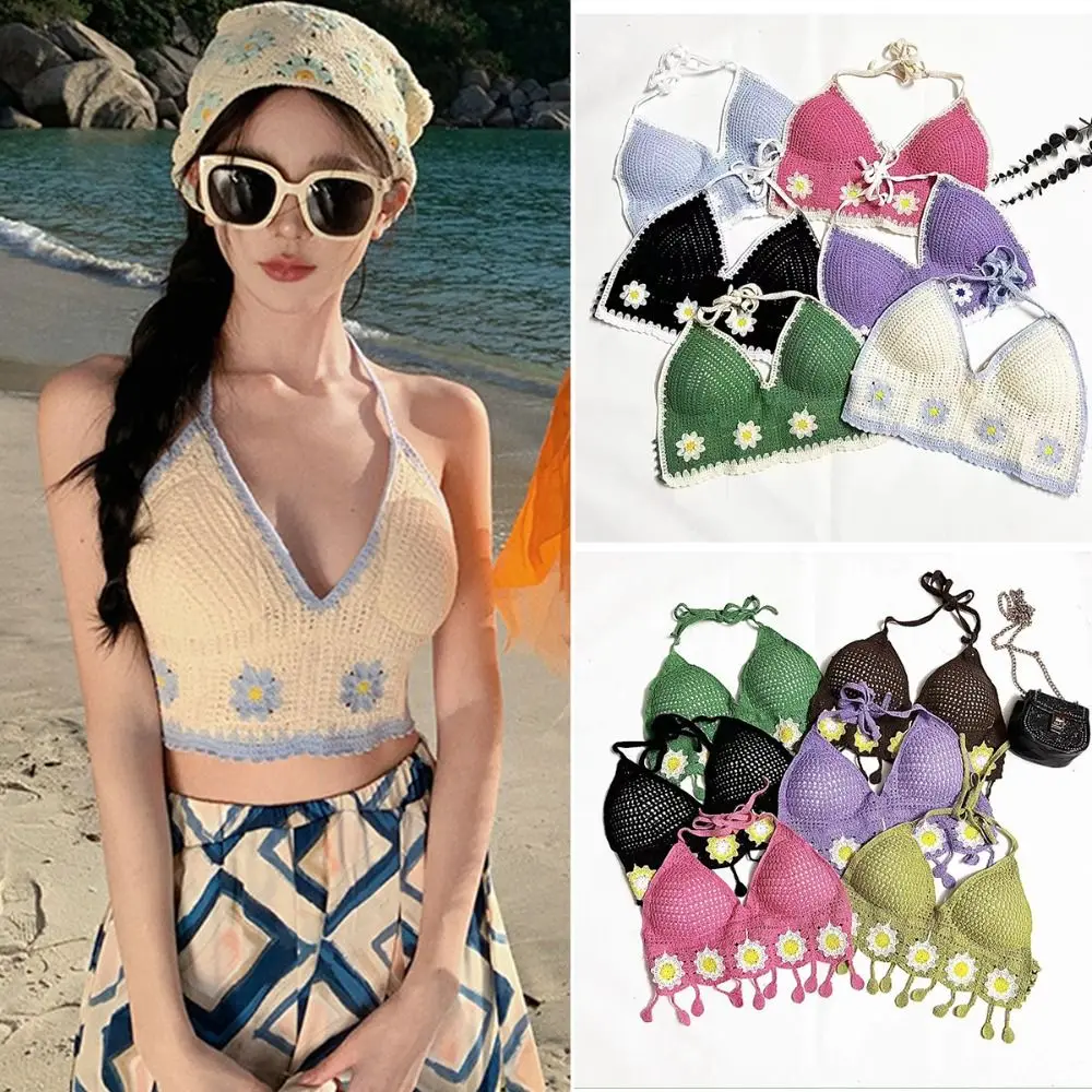 

Sexy Daisy Short Tank Top Hollow Out Summer Beach Knitted Bra Tassel Halter Top