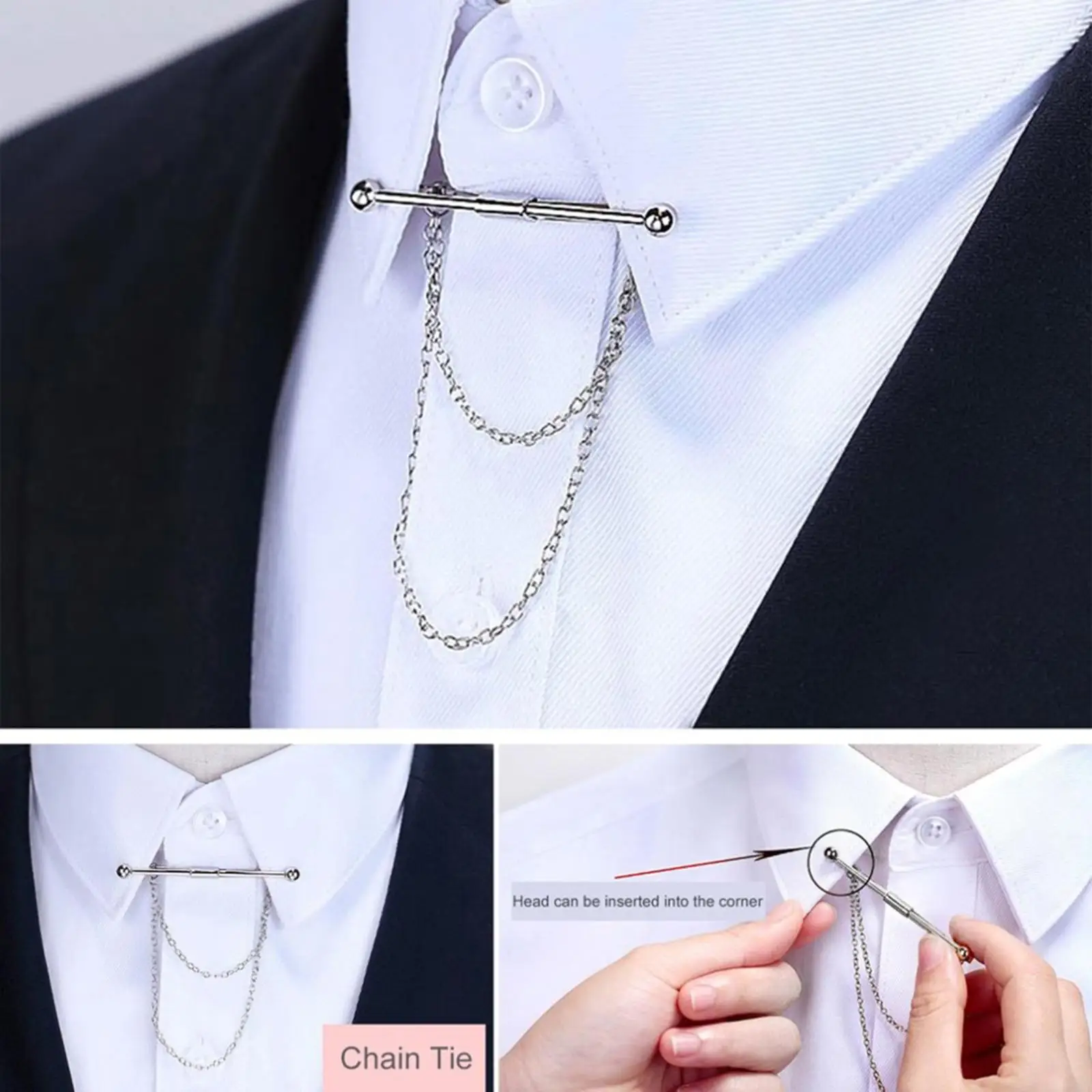 Fashion Men's Collar Bar Pin Badges with Link Chain Cravat Clasps Necktie Tie Clips Collar Clip for Business Wedding Formal 60mm