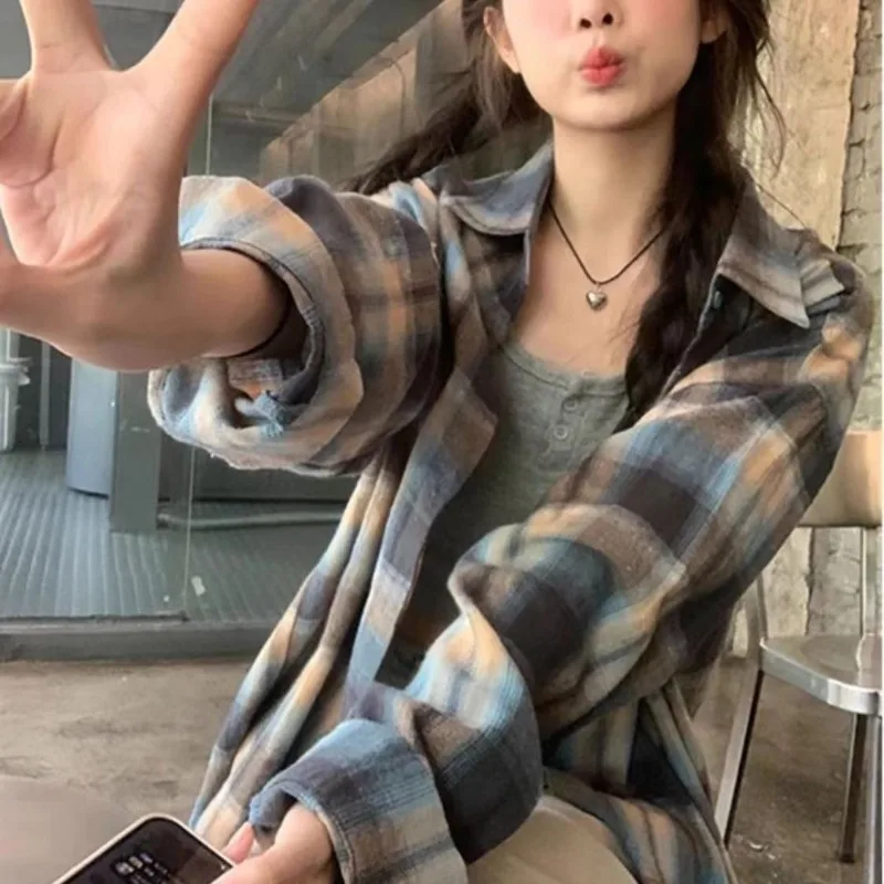 New Blue Checked Shirt Jacket for Women Loose Casual Slim Mid-length Shirt with Cardigan