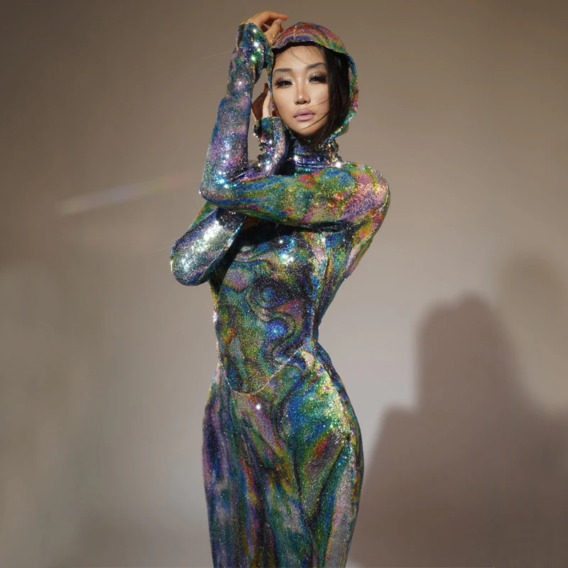 Pailletten Jurk Met Capuchon Dames Laser Rave Wear Party Outfit Avondjurken Stage Gogo Danskostuum