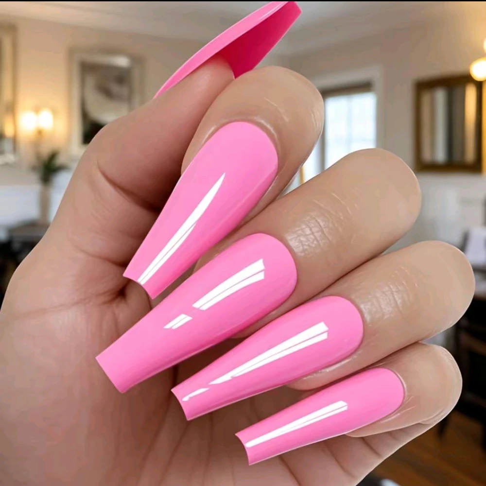 48Pcs Shiny Rose Woman False Nails With Glue Acrylic Press On Fake Nails Long Ballerina Coffin Shaped DIY Manicure Finger Tips