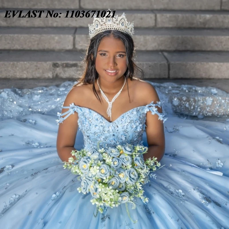 EVLAST Customized Mexican Blue Quinceanera Dress Ball Gown Floral Applique Beading Corset Sweet 16 Vestidos De XV Anos SQ340