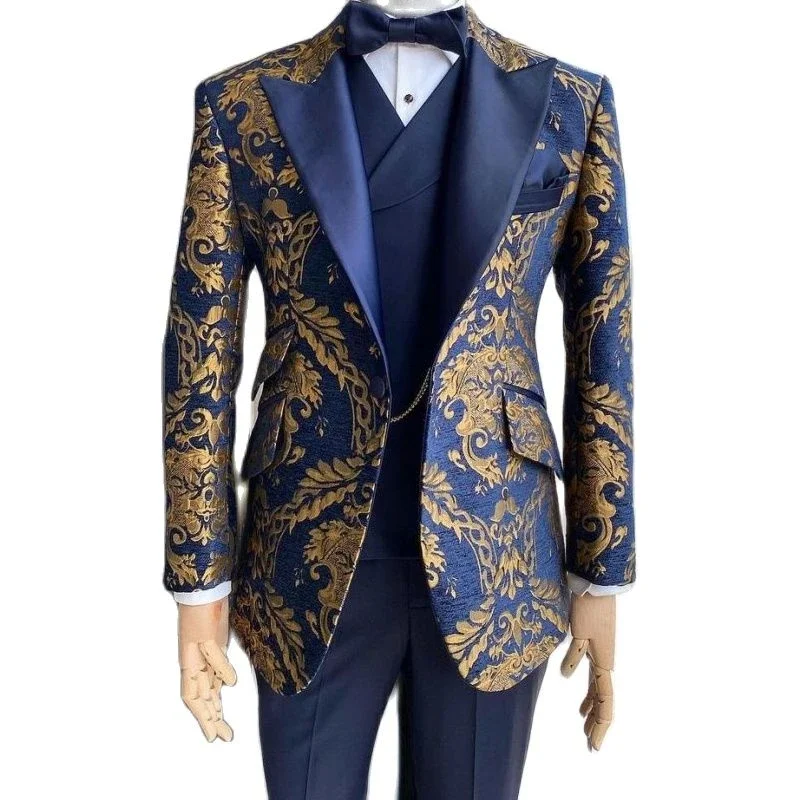 Floral Suits for Men Slim Fit Jacquard Wedding Tuxedo Navy Blue and Gold Gentleman Jacket with Vest Pant 3 Pcs 2024