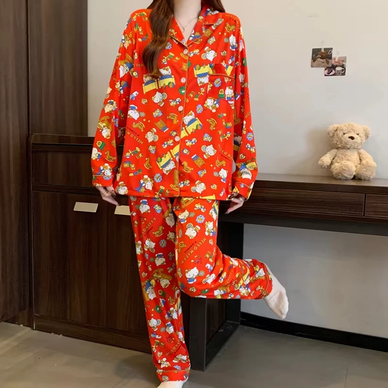 Bonito olá kitty conjunto de pijama vermelho presente de natal manga longa outono loungewear pijamas confortáveis homewear pijamas femininos