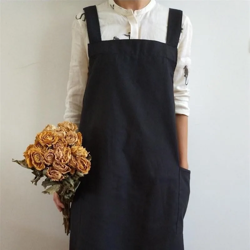 2pcs  Washable Textured Cotton Unisex Long Apron Plain Minimal Design Protective Uniform For Coffee Shop Art Studio Household