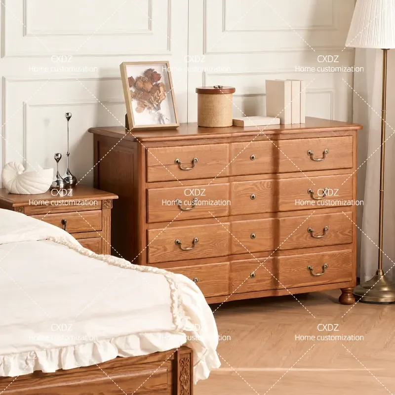 Country Solid Wood Four Drawer Chest Retro Oak Locker Living Room Bedroom Multi Functional Storage Side Cabinet