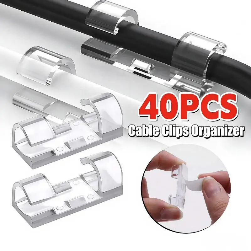 20Pcs Clear Acrylic Cable Organizer Clips Strong Adhesive No Drilling No Wall Damage For Home Office Desktop Cable Management