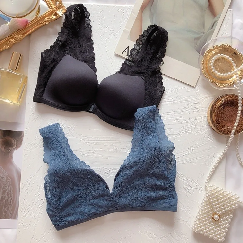 Sujetador con hebilla frontal de encaje, sujetador trasero de belleza sin anillo de acero, sujetador inalámbrico con escote en V profundo, sin costuras, pecho pequeño, antiflacidez