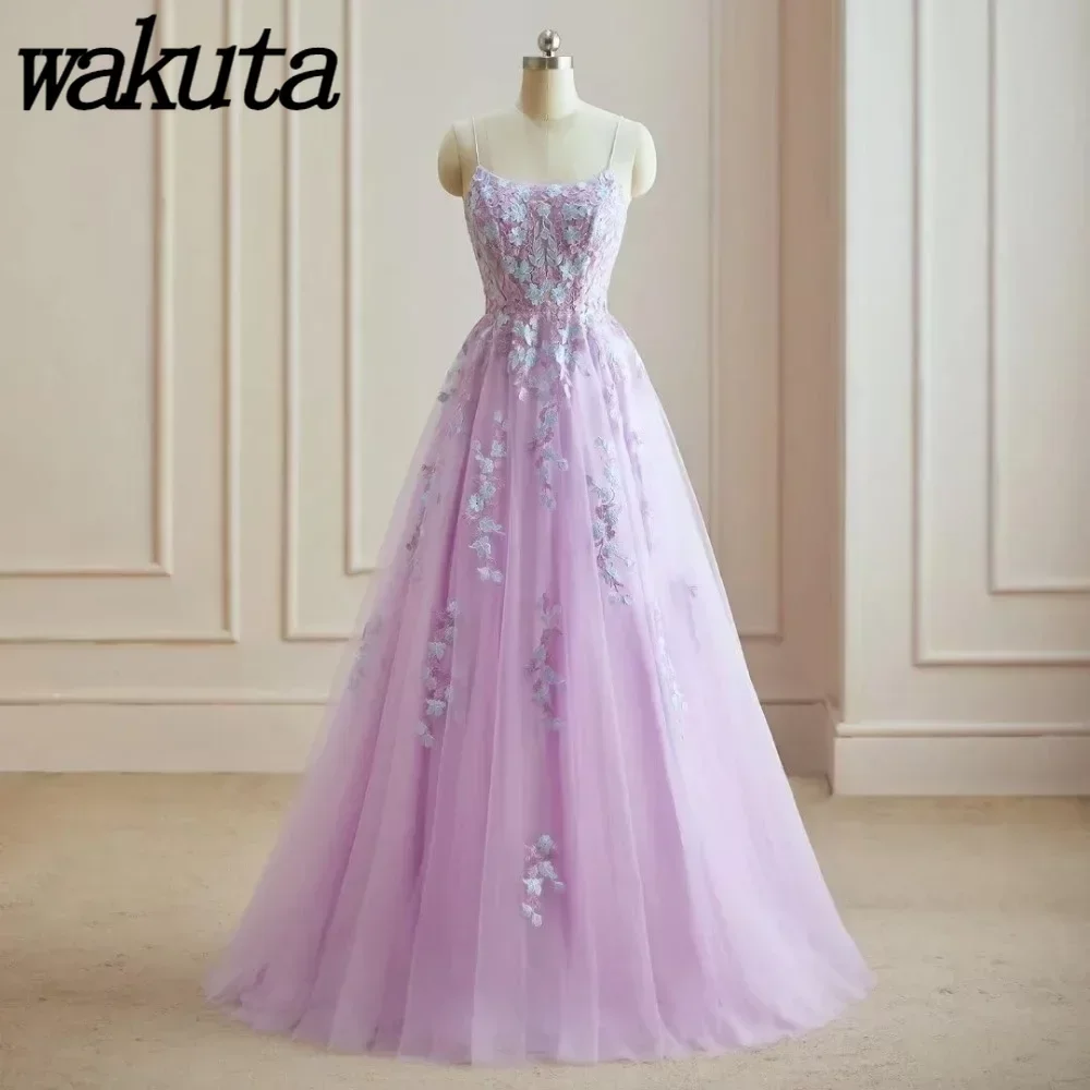 Wakuta Lace Embroidery Prom Dresses Spaghetti Strap Long Ball Gowns Elegant A Line Formal Evening Party Gown vestido de gala