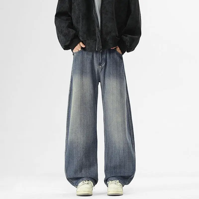 

Мужские джинсы, универсальные брюки High Street, ретро, осень, американский новый стиль, осенние свободные повседневные брюки с изогнутым ножом, прямые свободные брюки